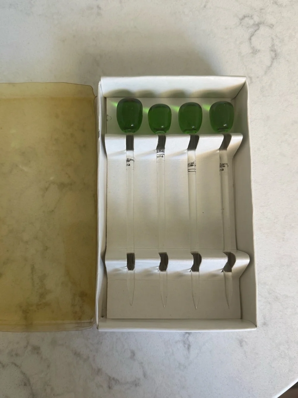 Vintage Crate & Barrel set of 4 Glass Olive Cocktail Picks Swizzle Sticks, New